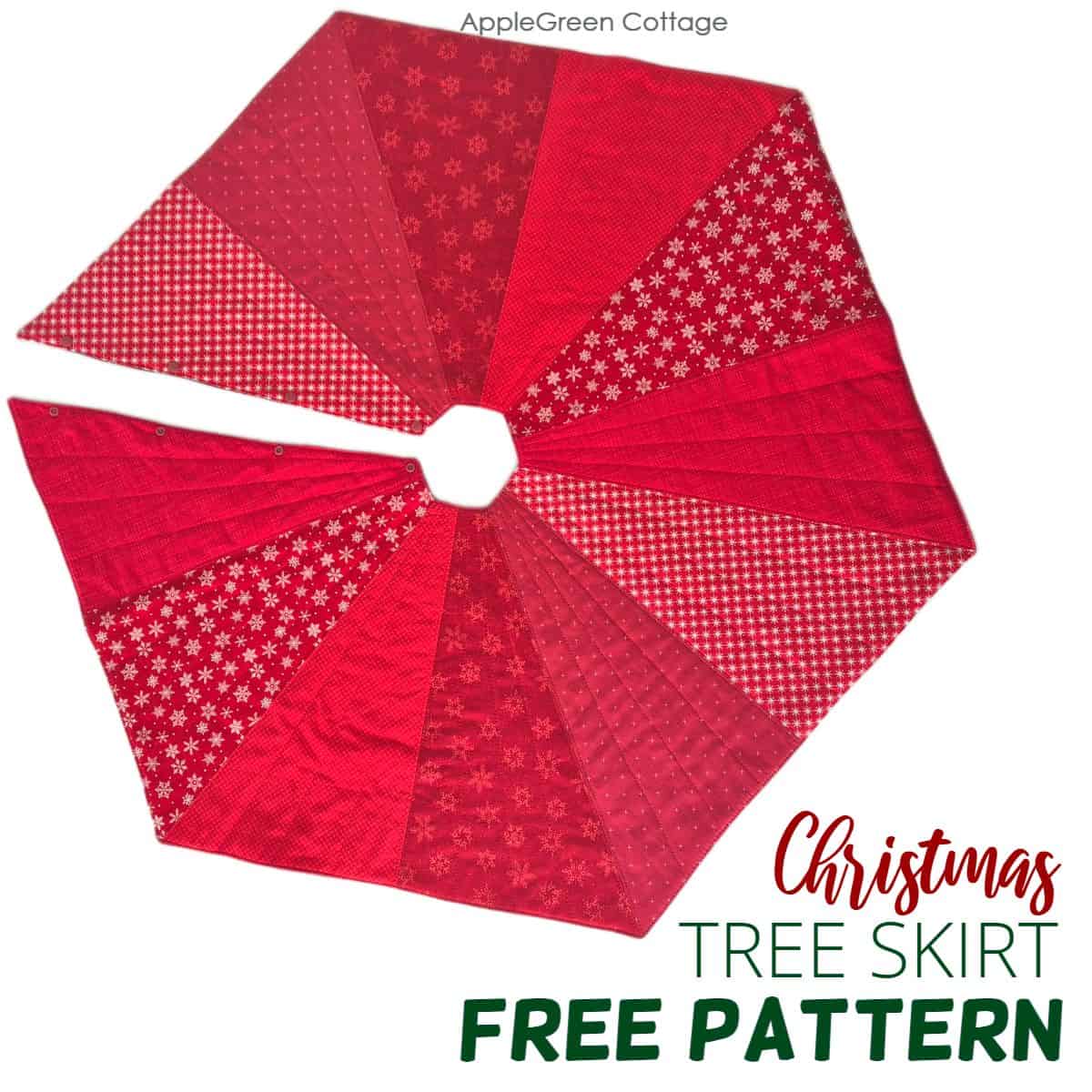 Quilted red hexagon Christmas tree skirt sewing pattern – free pattern by AppleGreen Cottage.