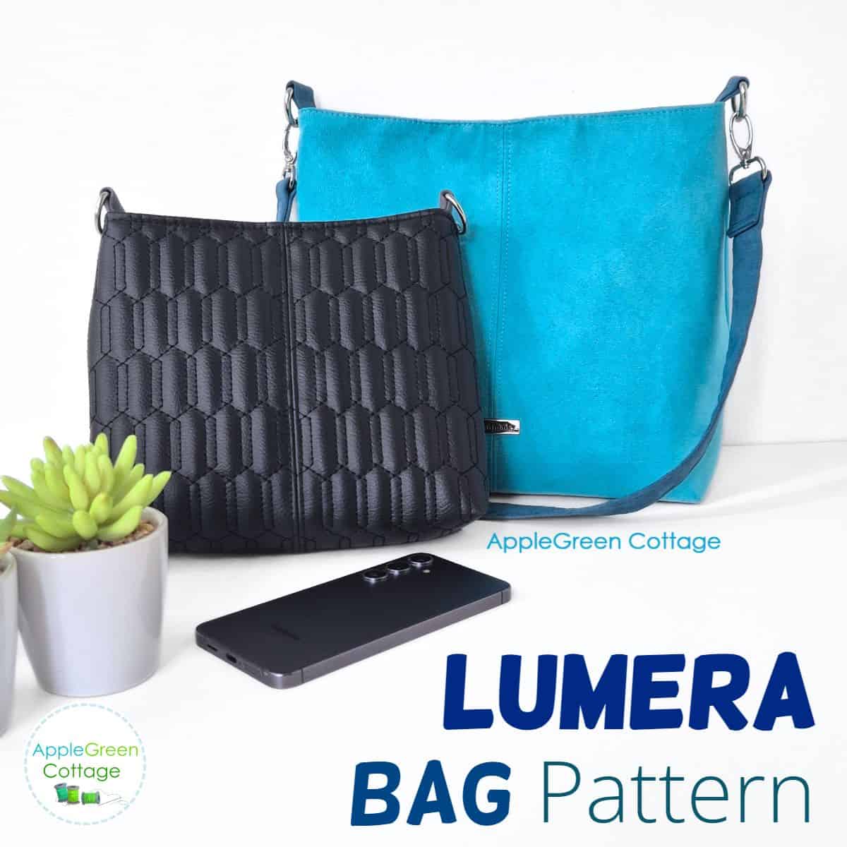 Two beautiful handmade bags on a white table, one is black faux leather bag and the other is a regular size teal faux suede bag with a shoulder strap.