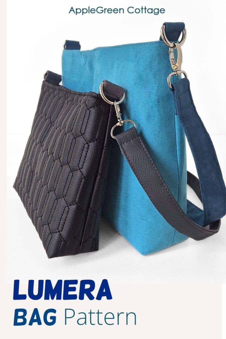 Two beautiful handmade bags on a white table, one is black faux leather bag and the other is a regular size teal faux suede bag with a shoulder strap.