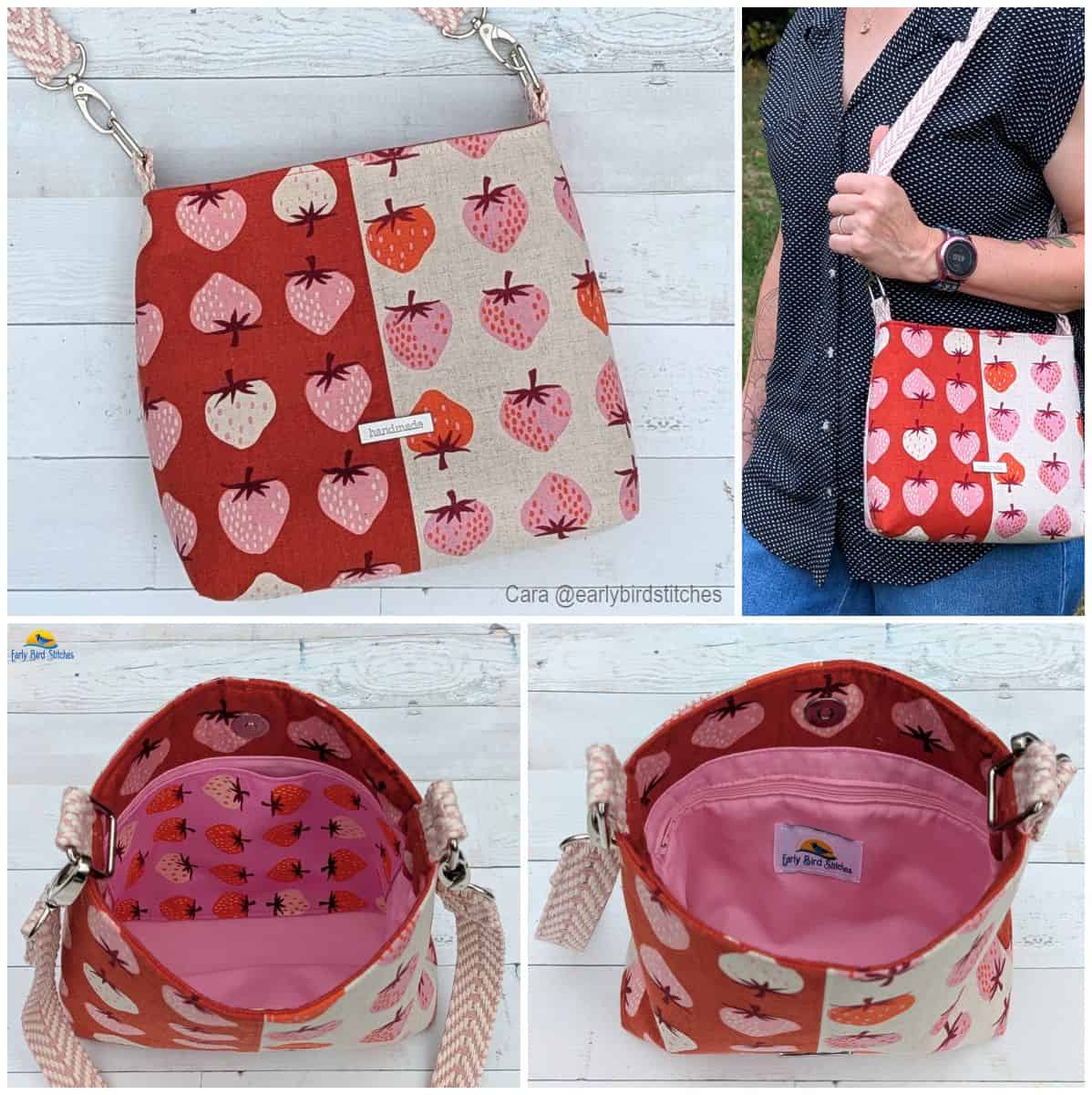Half-and-half Lumera crossbody bag in strawberry print cotton with pink lining and herringbone strap.