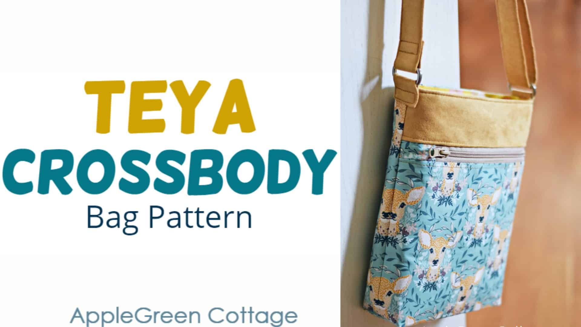 a finished hadnmade bag in mustard suede and teal quilting cotton print, hanging on a crossbody strap.