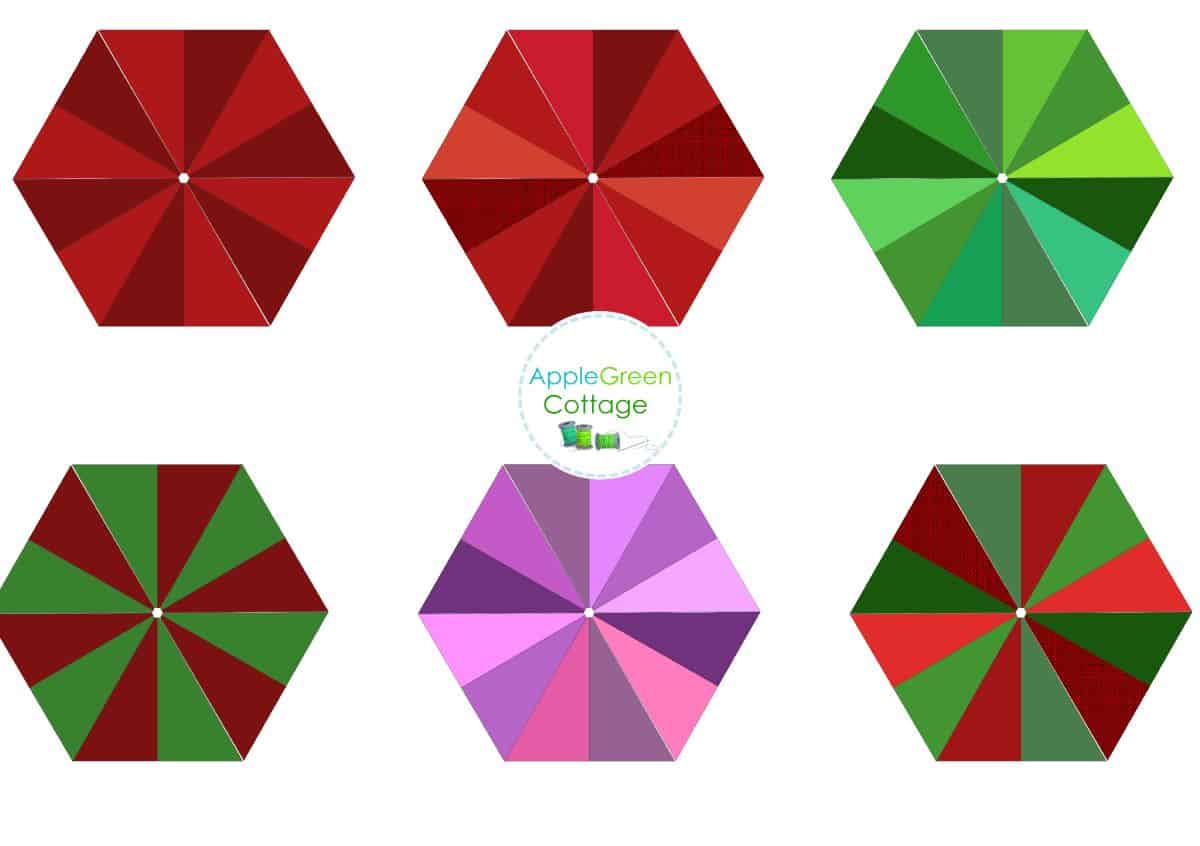 Six color design mockups showing Christmas tree skirt layout ideas in red, green, and purple variations for quilting inspiration.