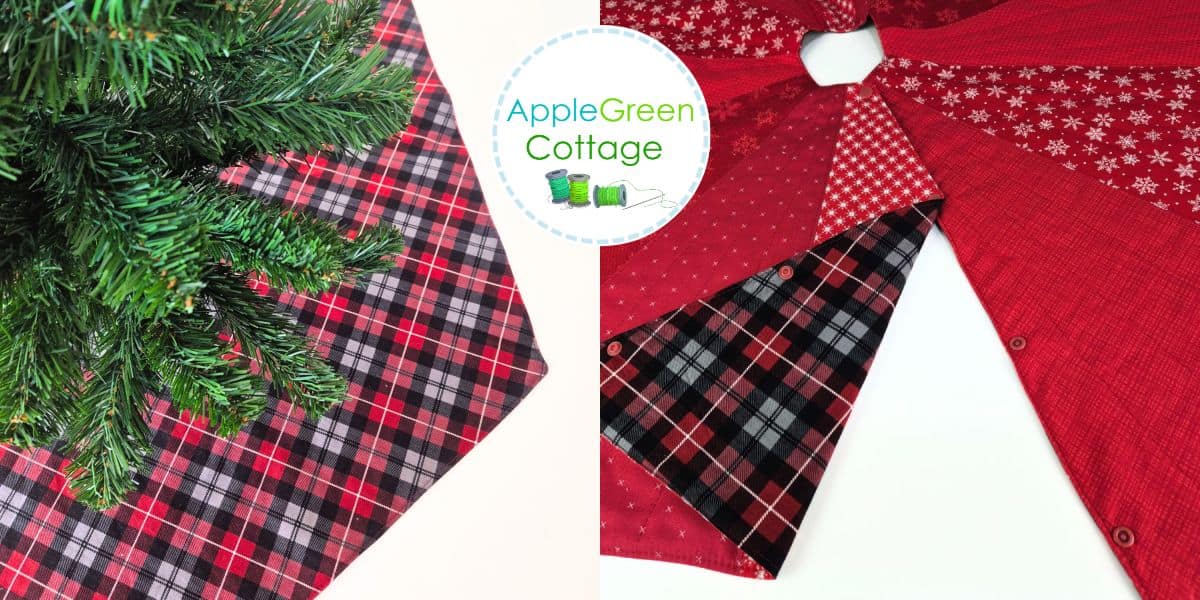Reversible quilted Christmas tree skirt with red and plaid fabrics and snap closure detail.