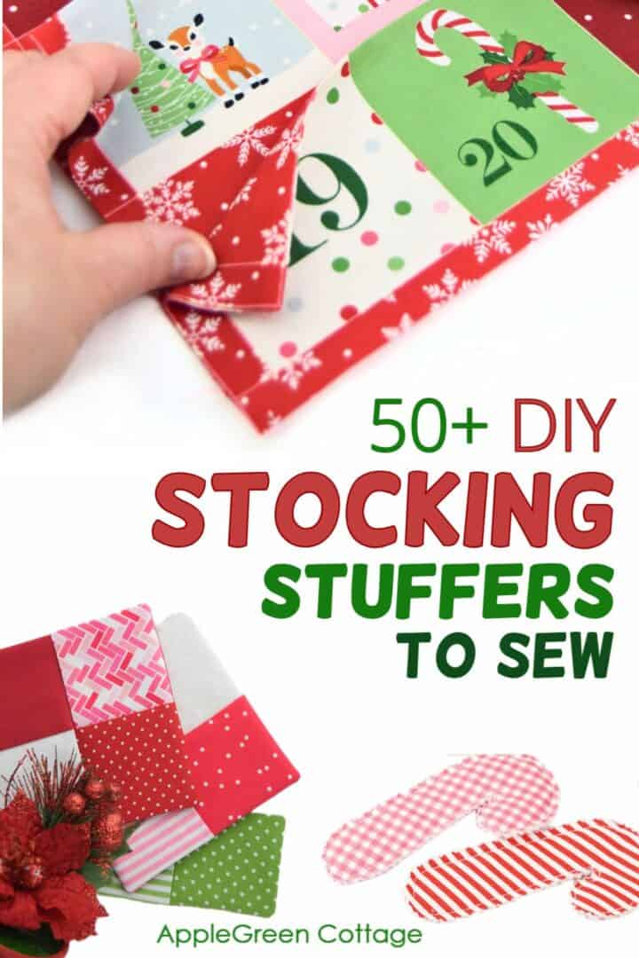 Sewing tutorial for 50+ DIY stocking stuffers made from colorful holiday fabric scraps.
