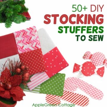 Christmas sewing tutorial showing fabric with candy cane and reindeer prints for handmade stocking stuffers.