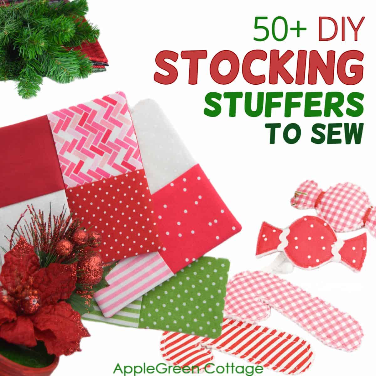 Christmas sewing tutorial showing fabric with candy cane and reindeer prints for handmade stocking stuffers.