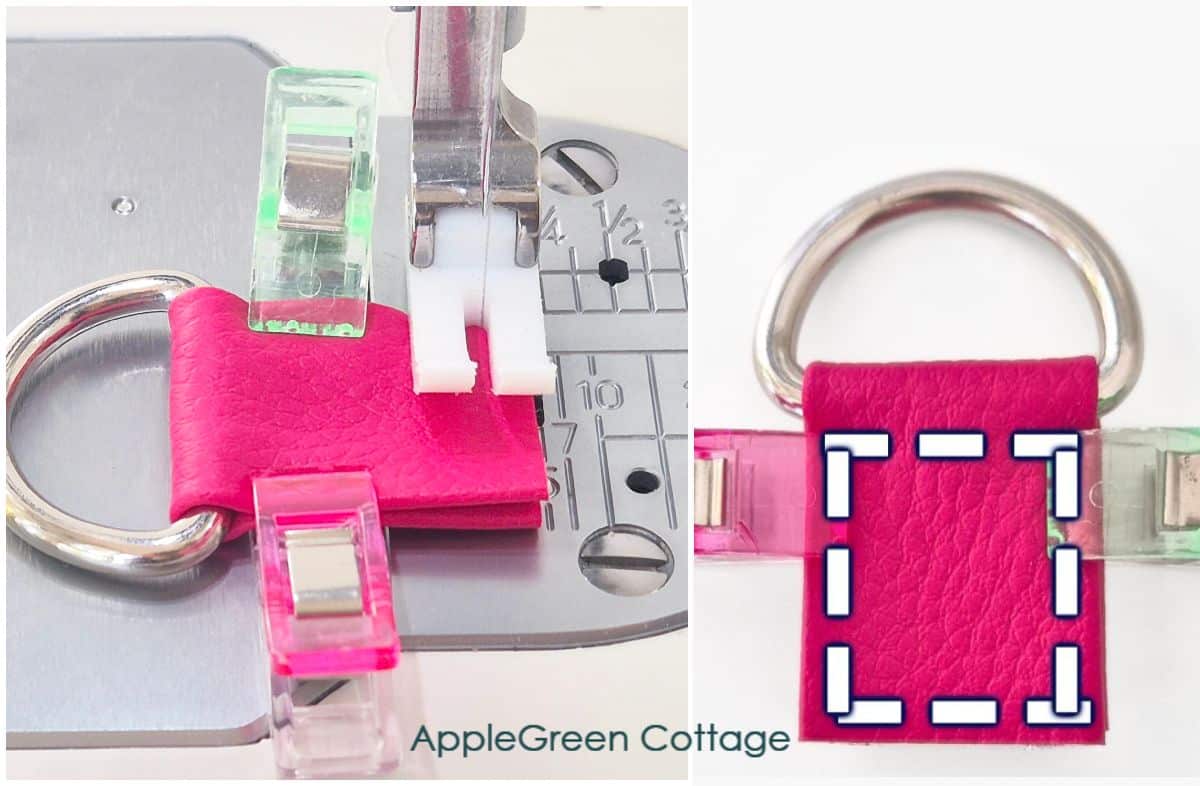 Sewing and topstitching a low-bulk faux leather strap connector with marked stitch lines.