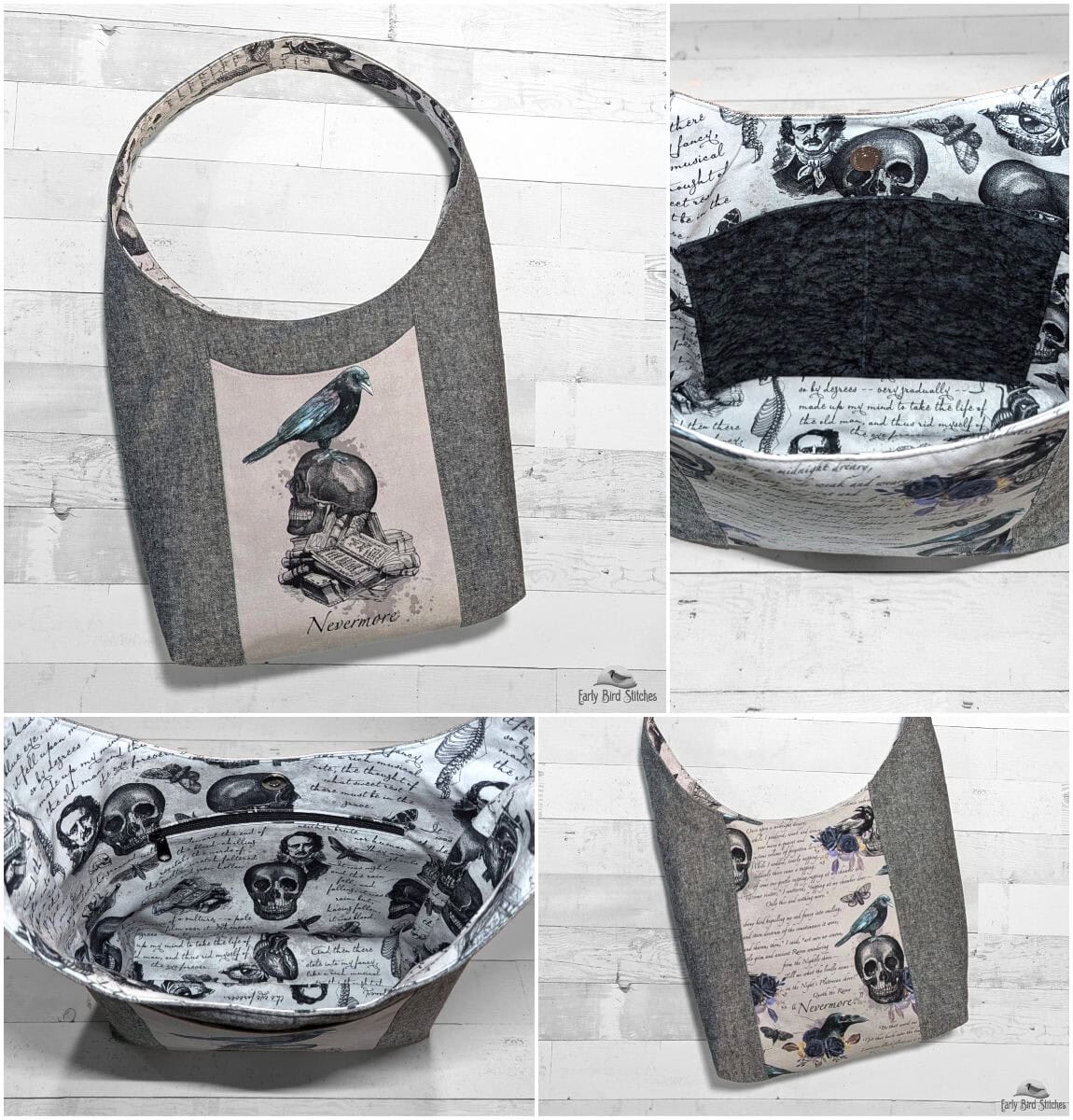 Handmade hobo bag featuring raven and skull panel with grey fabric sides.