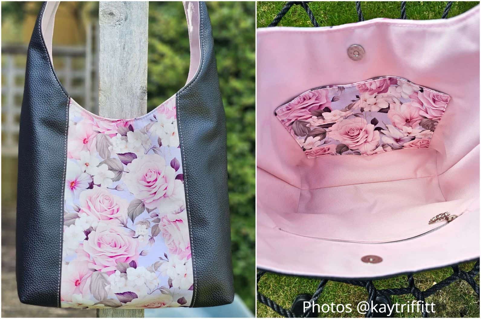 Black and pink floral ISKA hobo bag with a soft structured shape and center accent panel.