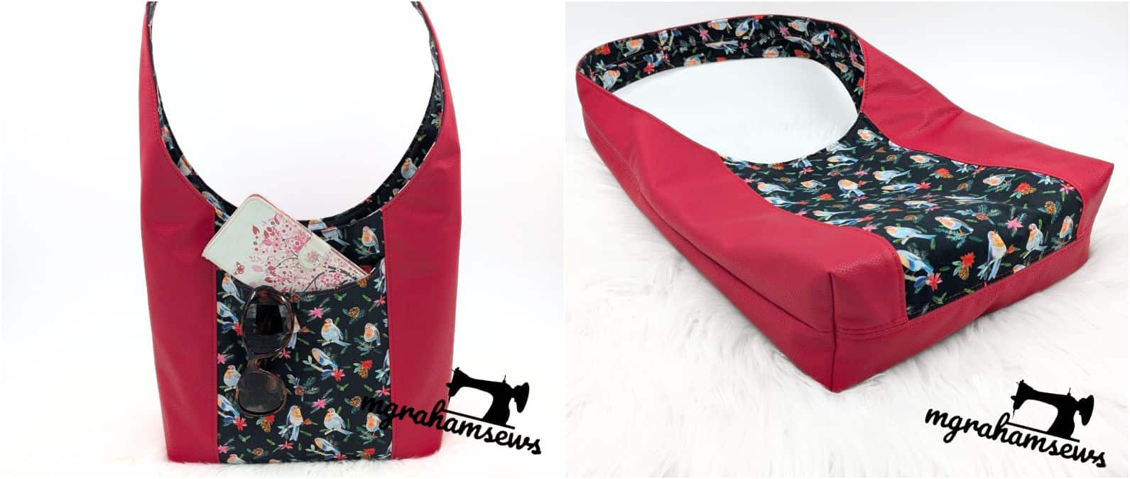 Red hobo bag with bird print center panel showing sunglasses and wallet in the front pocket.