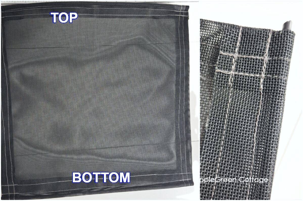 Detail of sewn spline tunnel along patio chair mesh edge for metal rod insertion.