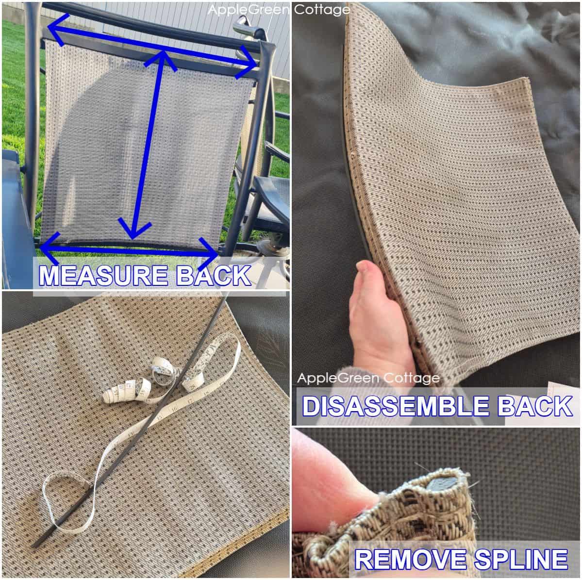 Removing patio chair seat fabric and end caps, step-by-step sling chair disassembly.