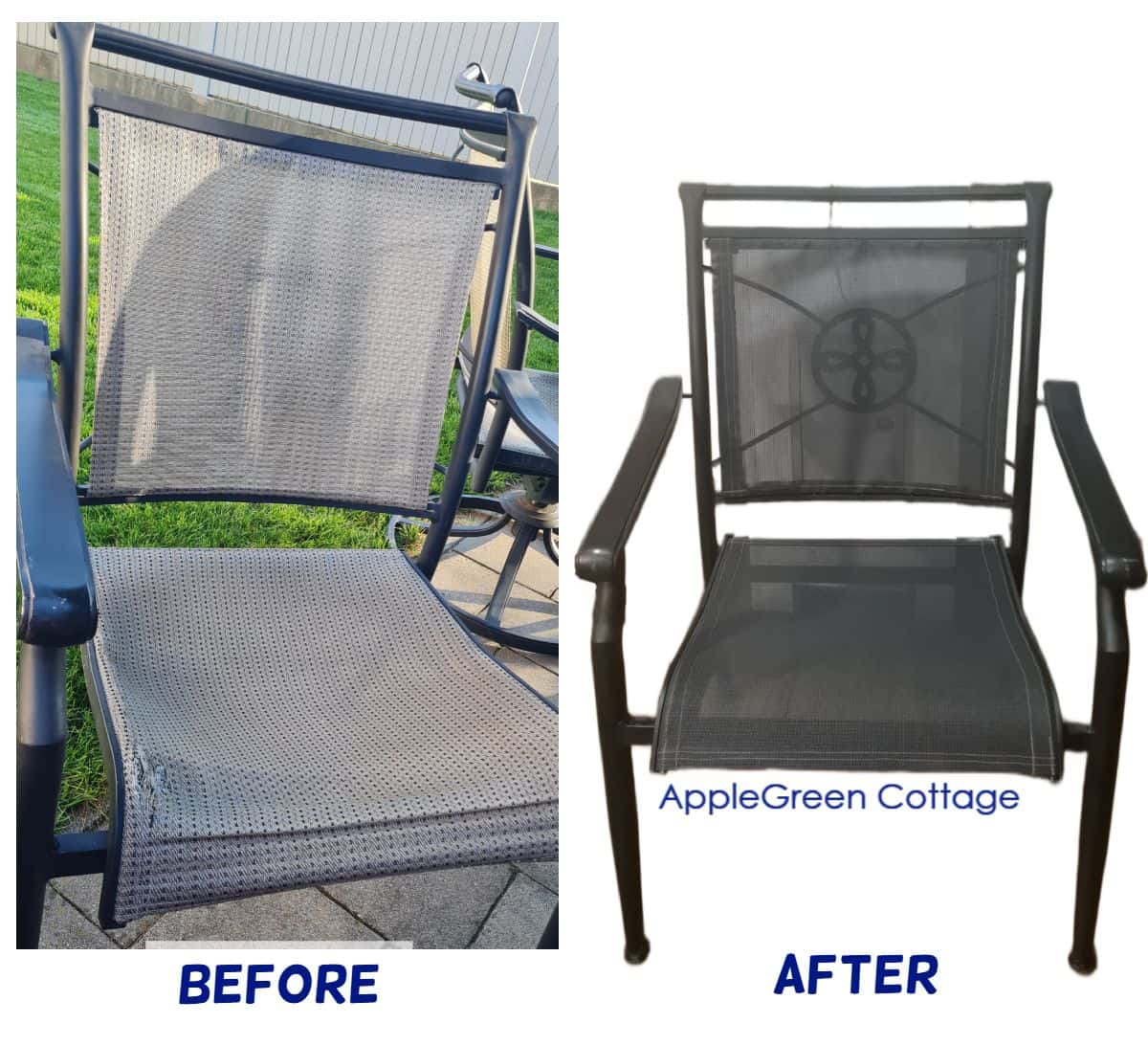 Before and after patio chair fabric replacement showing torn mesh seat replaced with new outdoor sling fabric