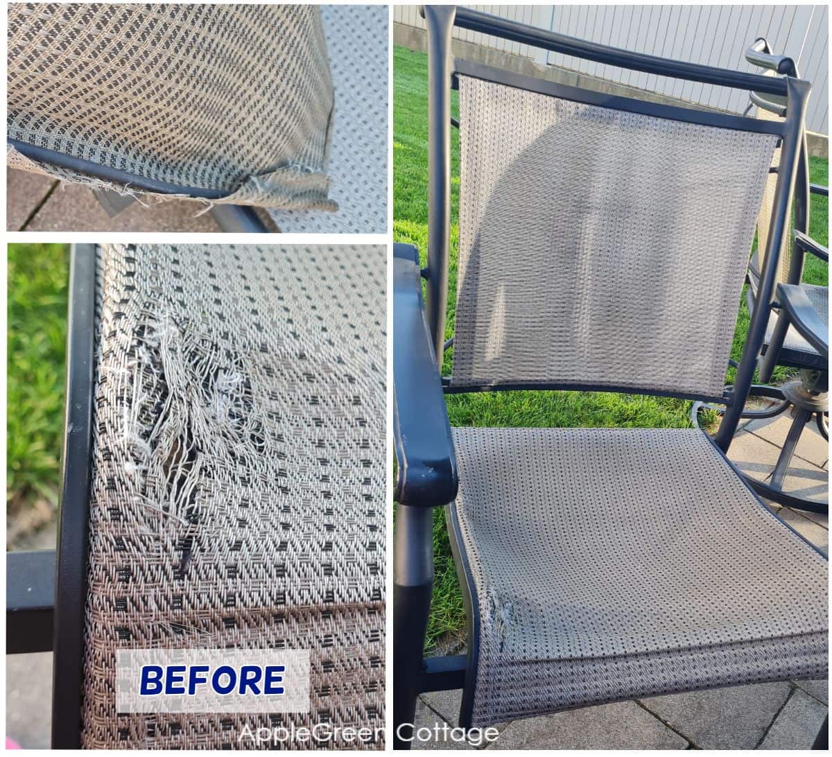 Close-up of torn patio chair mesh fabric before repair, showing frayed and damaged sling material.