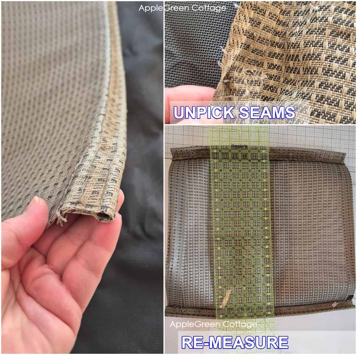 Unpicking old patio chair fabric seams to remove worn mesh material.