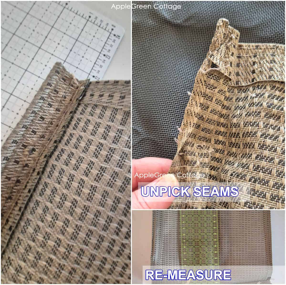 Re-measuring patio chair mesh fabric after unpicking to prepare for recutting.