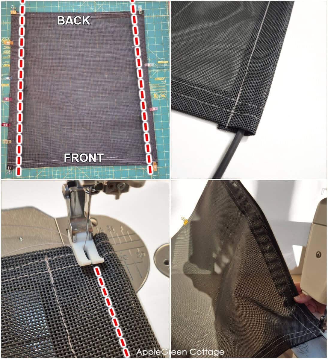 Detail of sewn spline tunnel along patio chair mesh edge for metal rod insertion.