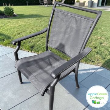Outdoor patio chair fabric replacement overview, finished chair with new mesh seat and back.