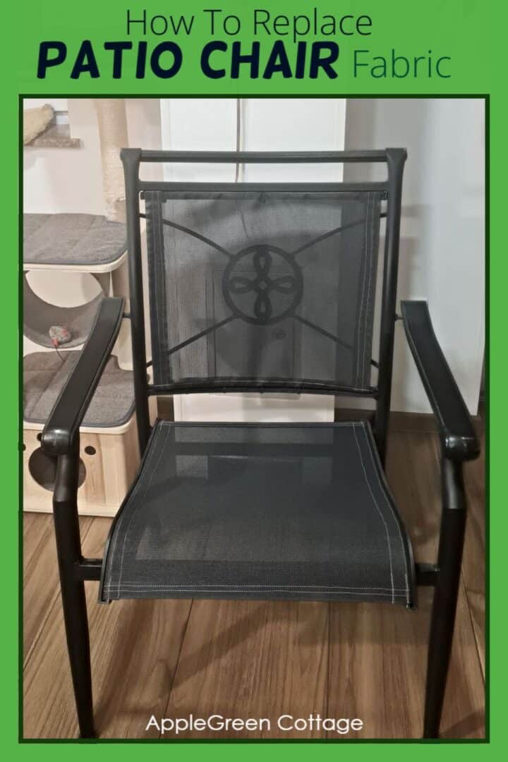 Outdoor patio chair fabric replacement overview, finished chair with new mesh seat and back.