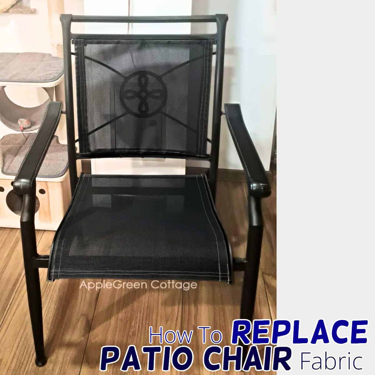 Outdoor patio chair fabric replacement overview, finished chair with new mesh seat and back.