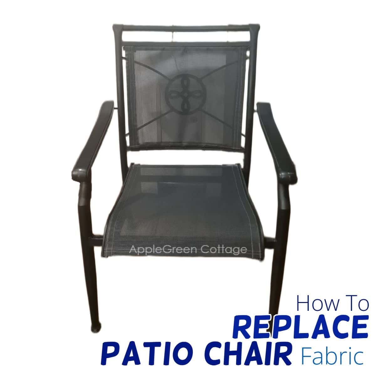Outdoor patio chair fabric replacement overview, finished chair with new mesh seat and back.