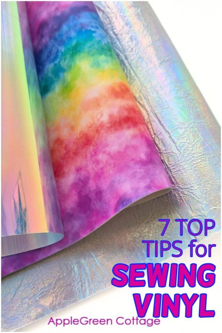 Iridescent vinyl sheets layered with colorful fabric for a sewing vinyl tutorial.
