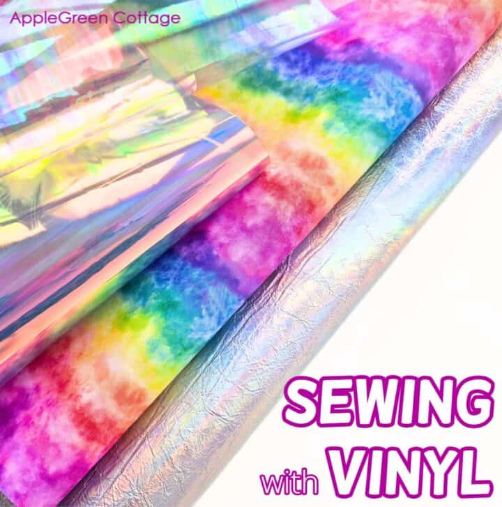 Iridescent vinyl sheets layered with colorful fabric for a sewing vinyl tutorial.