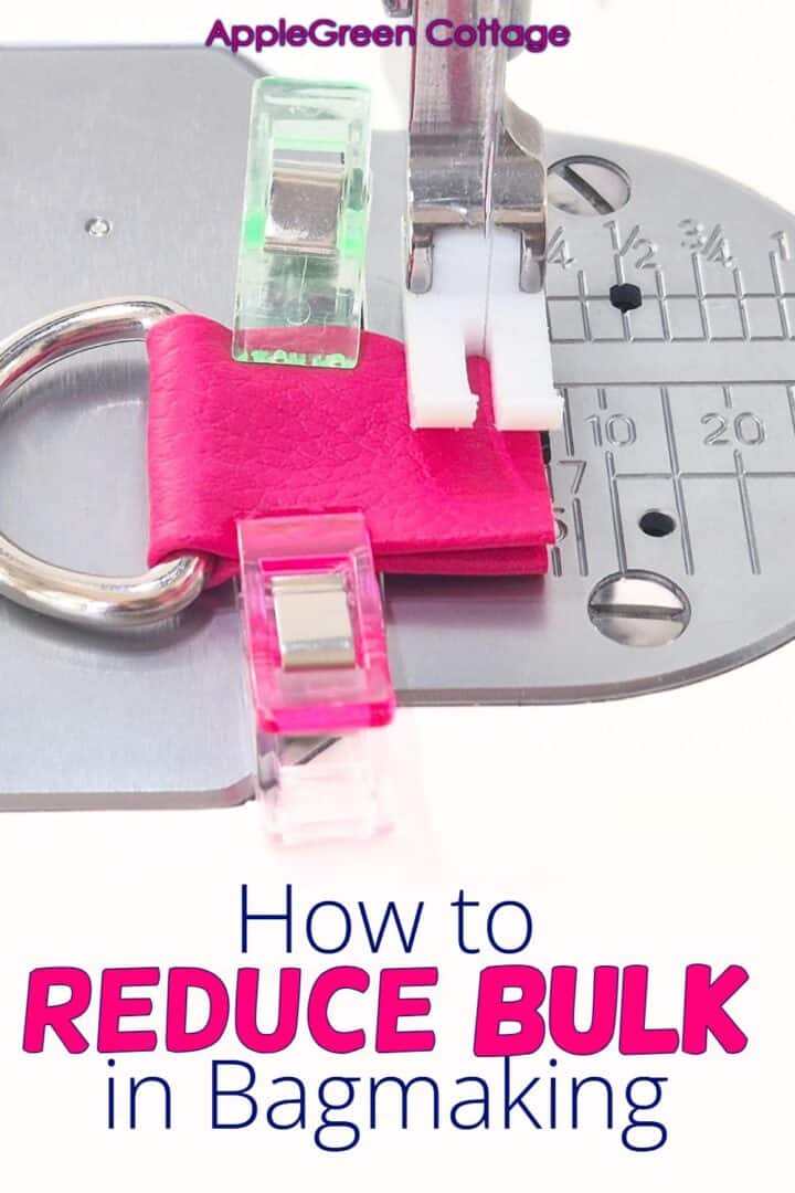 Sewing faux leather strap connector with D-ring under the presser foot for a low-bulk bagmaking technique.