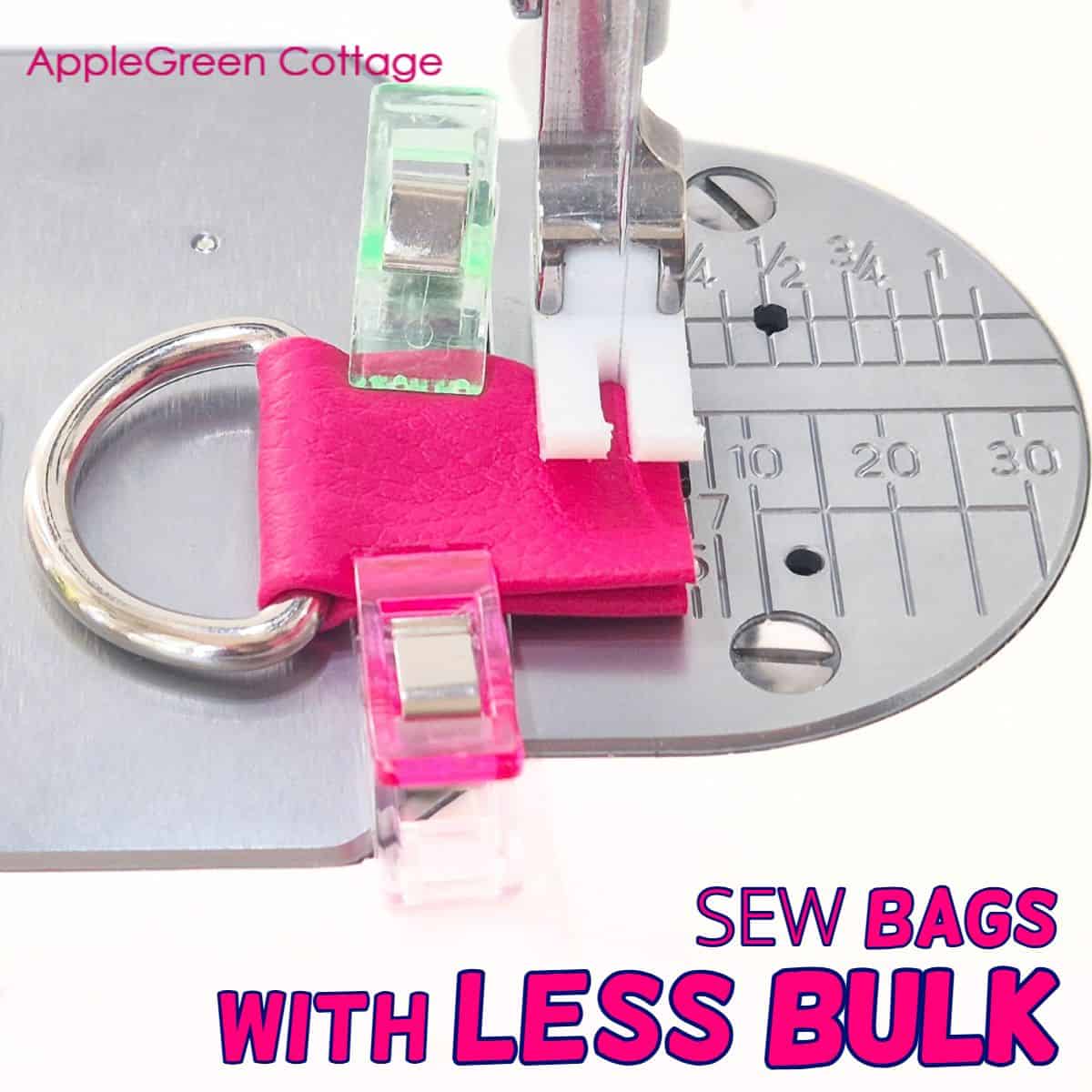 Sewing faux leather strap connector with D-ring under the presser foot for a low-bulk bagmaking technique.