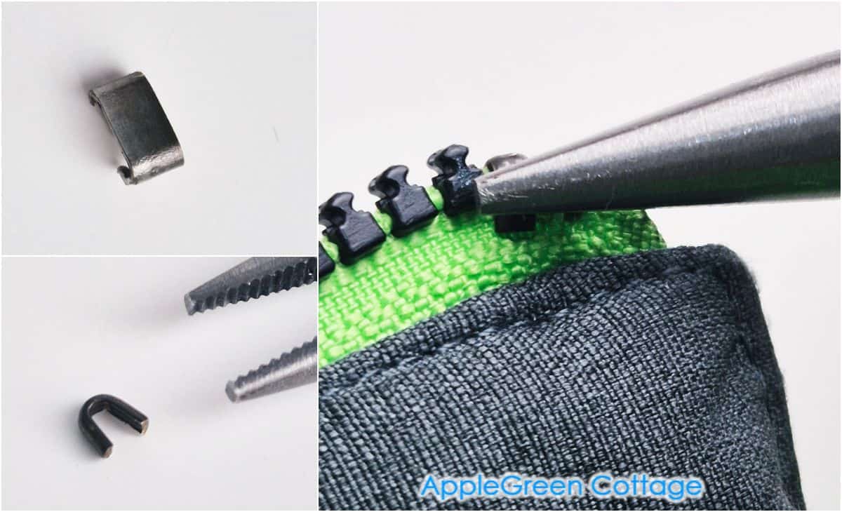 Metal top stop being positioned and crimped above plastic zipper teeth with pliers in a repair step.