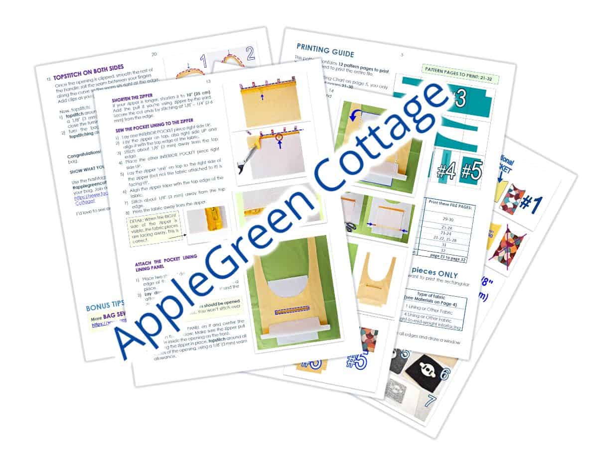 An excerpt from the Iska Hobo Bag PDF pattern by Applegreencottage, with sewing instructions shown on paper.