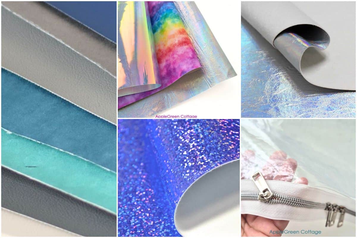 Mixed vinyl types for bagmaking including faux leather, glitter vinyl, iridescent PVC and clear vinyl.