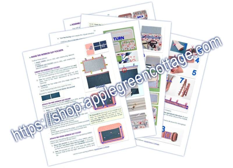 PDF sewing pattern pages showing step-by-step instructions for making a zippered crossbody bag.