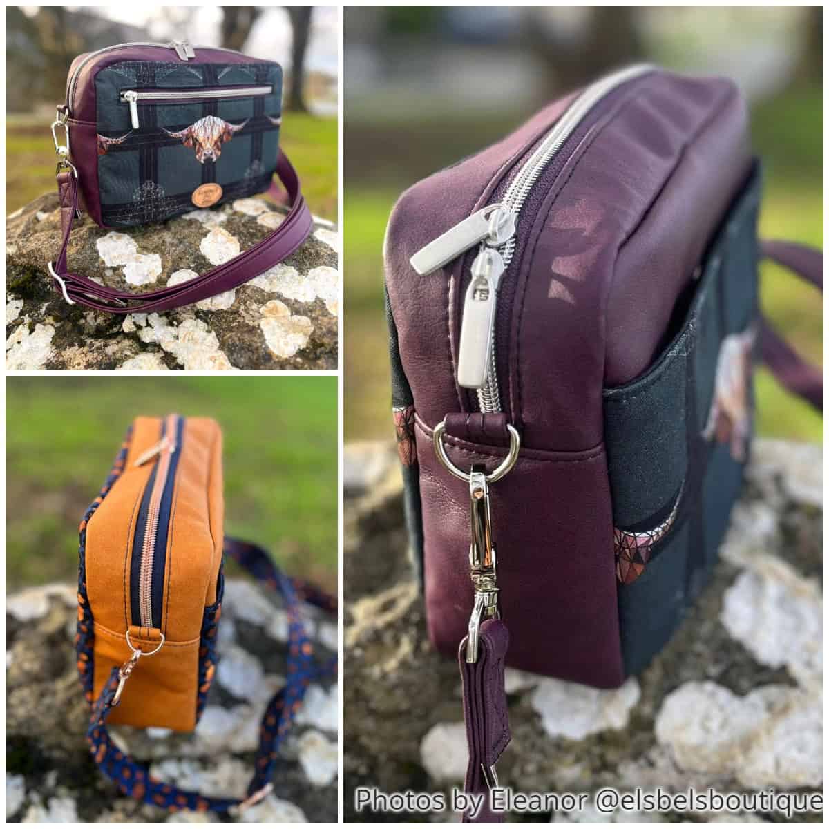 Tester crossbody bag outdoors showing zippered top, front pocket, and side hardware attachment