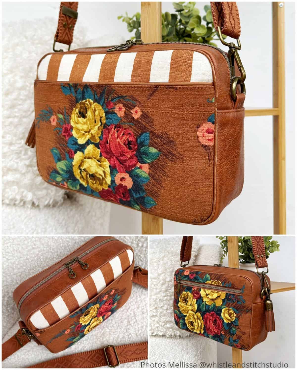 Finished crossbody bag with faux leather exterior, front zipper pocket, tassel, and adjustable strap.