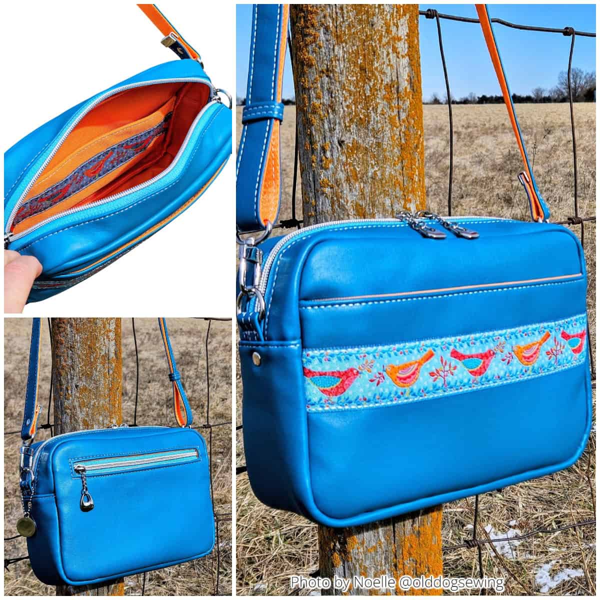 Zippered crossbody bag with vinyl exterior, bird ribbon accent, exterior zip pocket, and adjustable strap shown outdoors.