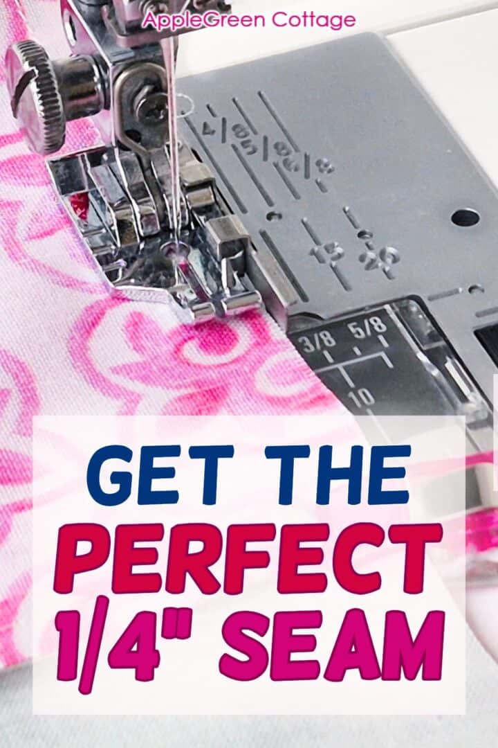 Sewing machine stitching an accurate quarter inch seam using needle plate markings for quilting piecing