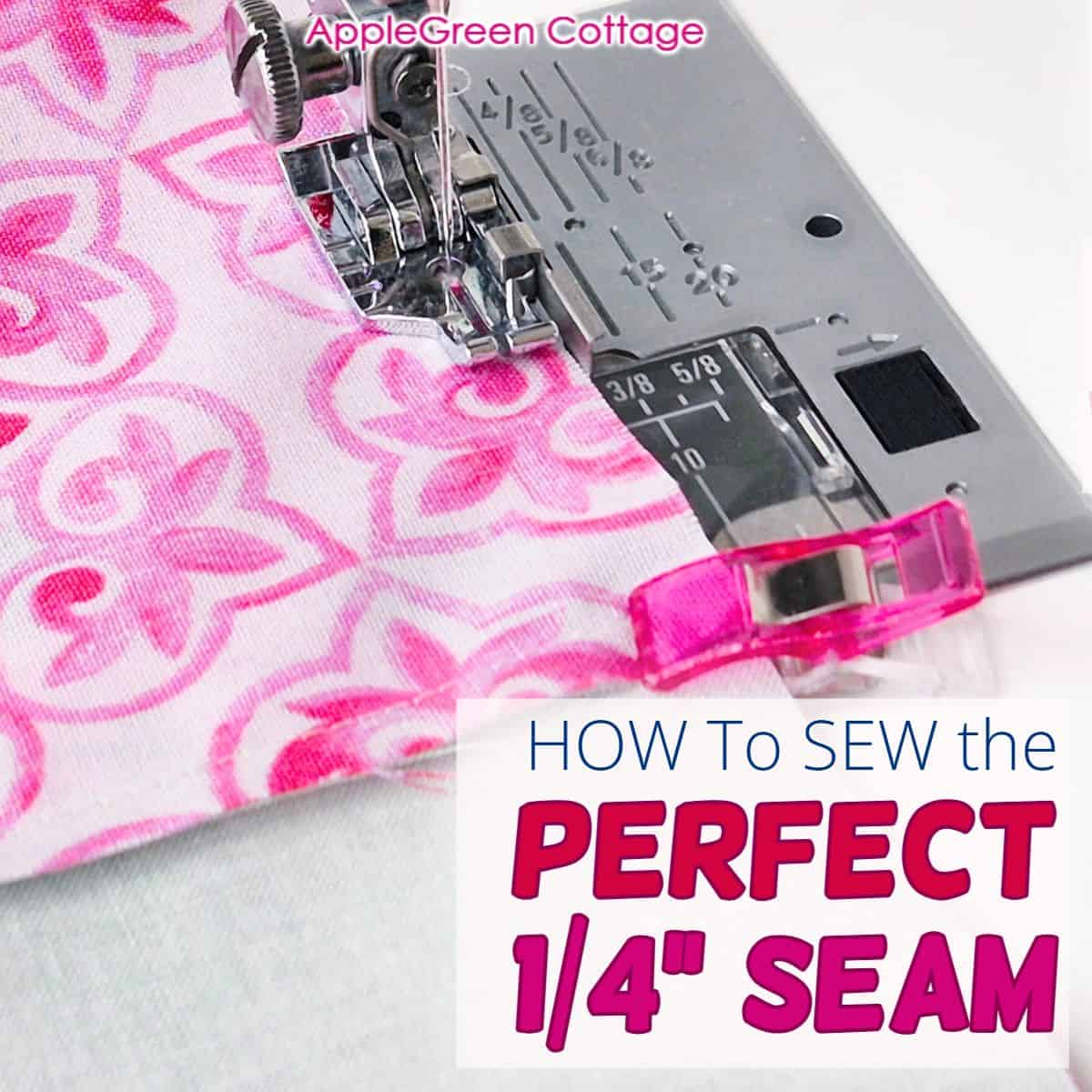 Quarter inch sewing foot guiding fabric edge for consistent seam allowance while quilting