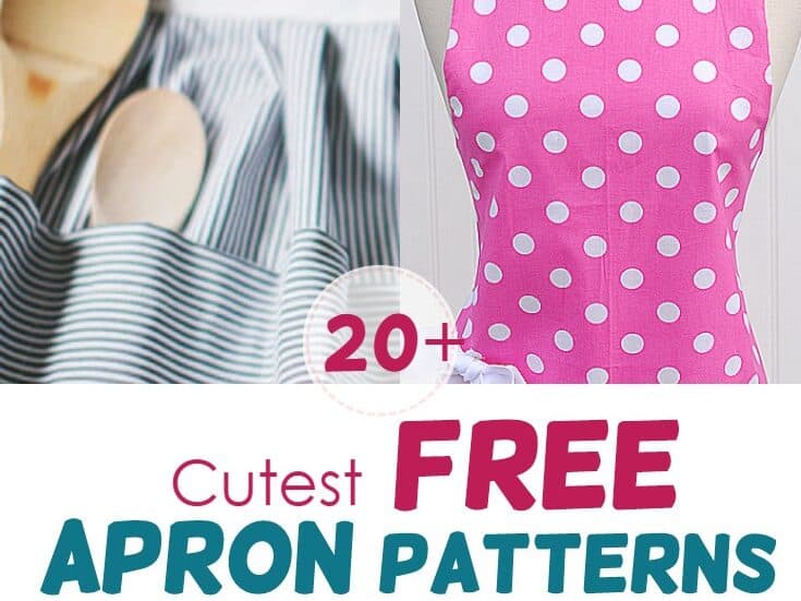 several different types of aprons to sew, a ruffle apron, a classic bib apron next to a spool of thread on striped fabric