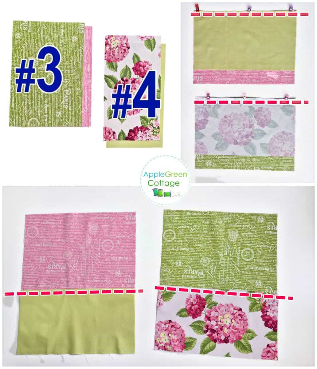 Apron pocket pieces shown in the order how to put them together to create a double pocket for each side of the reversible apron.