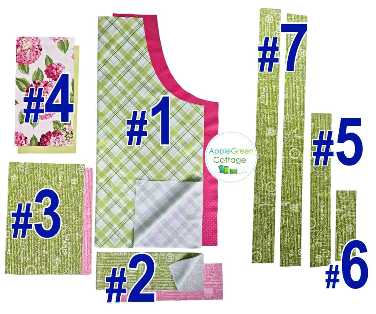 attern layout showing all apron pieces labeled for cutting and sewing.