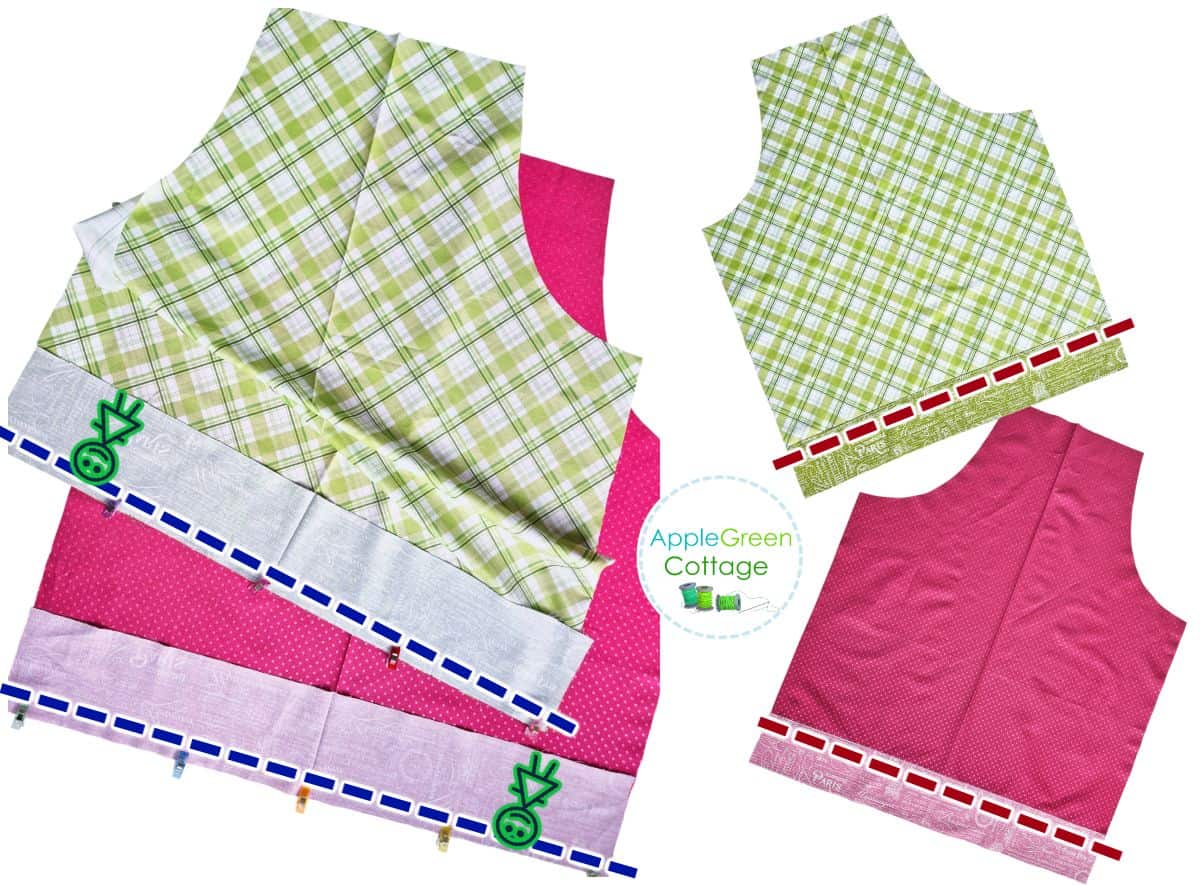 Sewing apron bodice bottom strip to main bodice with marked ⅜ inch seam allowance.