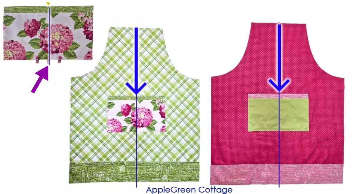 Apron front and back aligned at center, matching pieces before sewing together