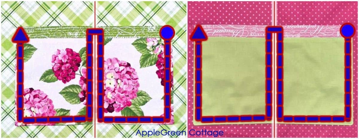 Topstitching around apron pocket edges to secure seams.