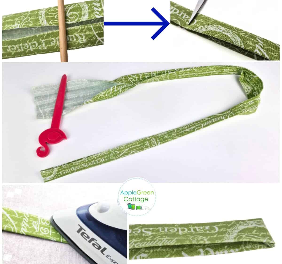 Fabric apron ties folded and pressed, preparing straps for sewing.