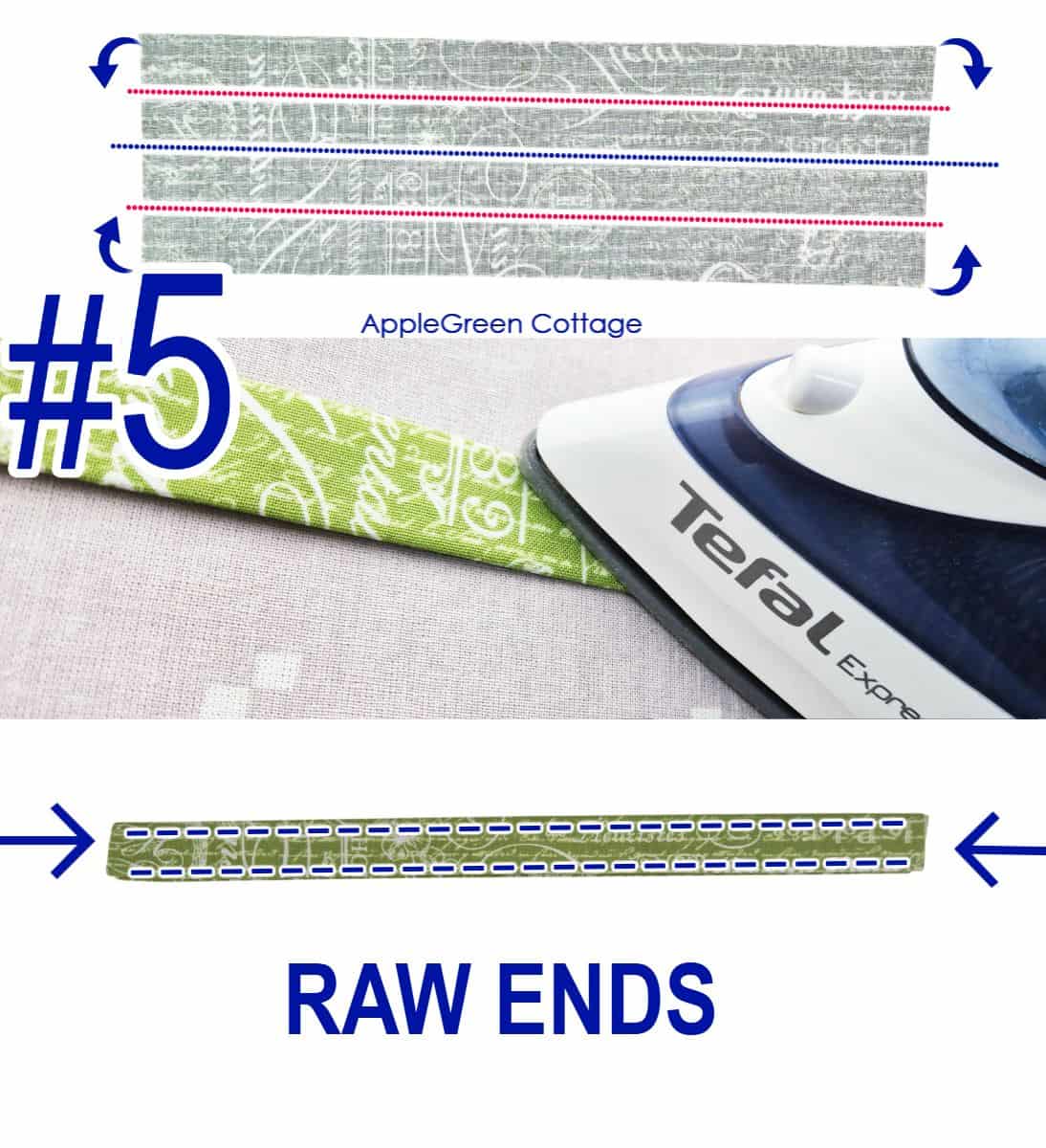 Apron waistband strip pressed flat with raw ends aligned before stitching.