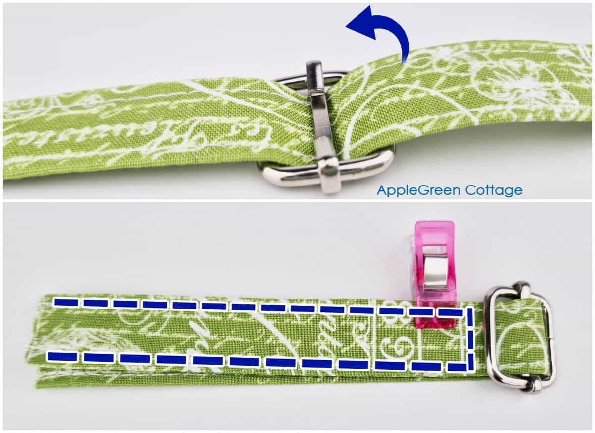 Adjustable apron neck strap threaded through slider and secured with clip.