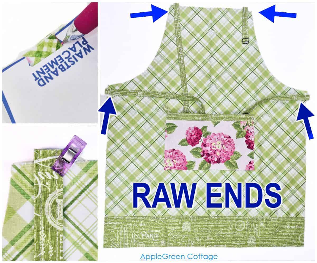 Apron neckline and armhole seams showing raw edges before sewing the layers together.