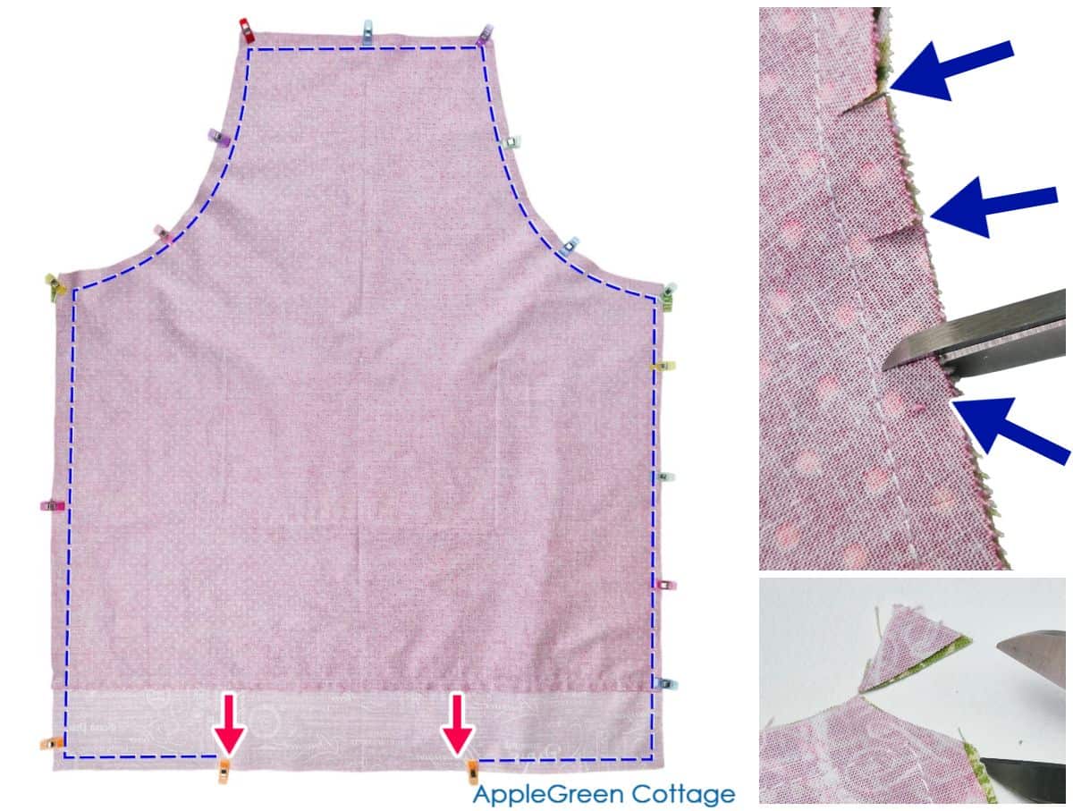 Apron bodice pieces pinned and aligned before sewing curved armholes