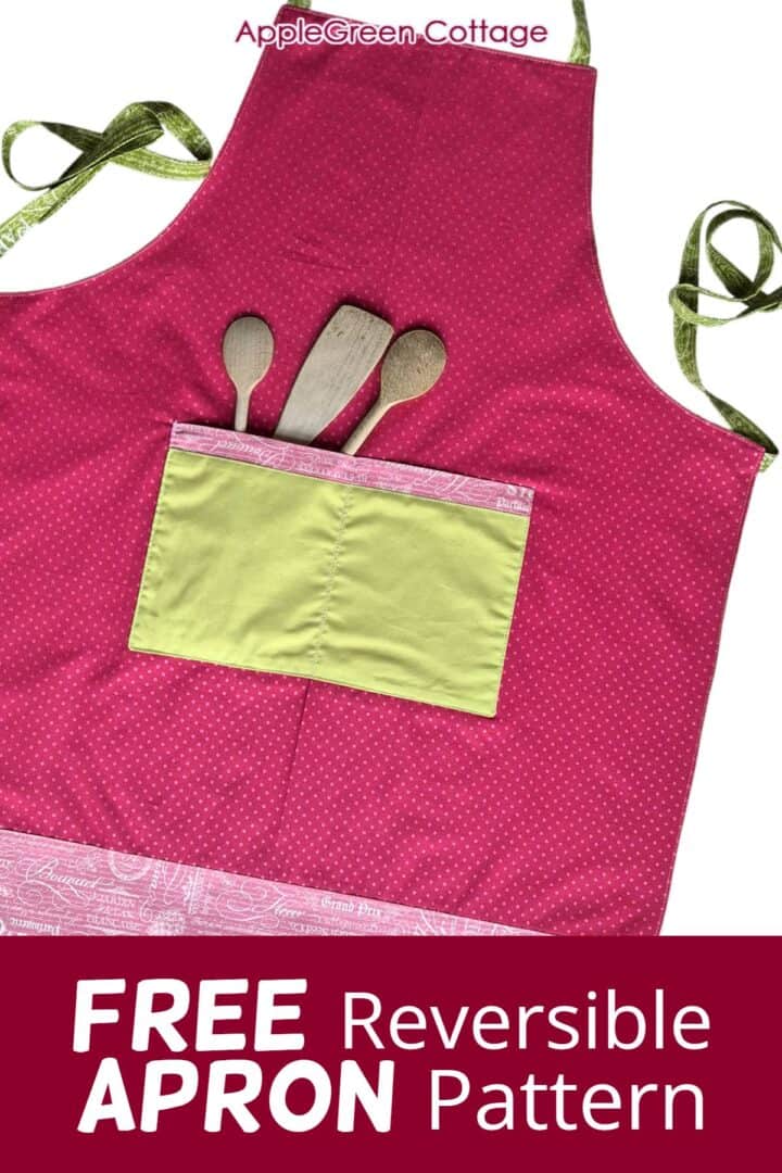 Free reversible apron pattern with adjustable neck strap and large double pocket on the front.